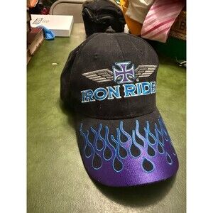 Y2K Iron Rider Purple Flame Biker Hat Adjustable Embroidered Motorcycle Cap